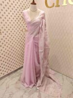 Organza with silver,golden zari floral and wavy lines pattern - Image 15