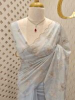 Organza with silver,golden zari floral and wavy lines pattern - Image 16