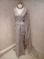 Organza with floral sequence and digital print and bead dots - Image 9