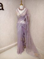 Organza with floral sequence and digital print and bead dots - Image 6