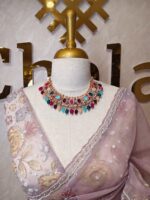 Organza with floral sequence and digital print and bead dots - Image 5