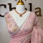 Organza with floral sequence and digital print and bead dots