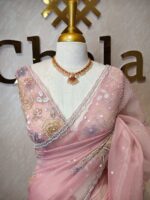 Organza with floral sequence and digital print and bead dots