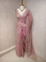 Organza with floral sequence and digital print and bead dots - Image 3