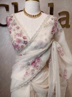Organza with floral beaded digital print and beaded scallop border - Image 4