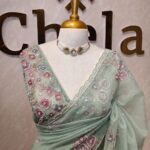 Organza with floral beaded digital print and beaded scallop border