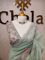 Organza with floral beaded digital print and beaded scallop border