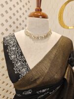 Linen with rose flower like thread work and wide border - Image 3