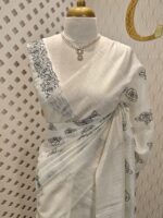 Linen with rose flower like thread work and wide border - Image 5