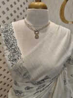 Linen with rose flower like thread work and wide border - Image 6