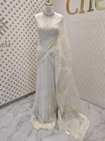 Net saree with full body embroidered flowers and vines with scallop on boarder - Image 13