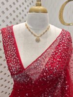 Net saree with sequence, stones small floral pattern and scallop border - Image 2