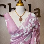 Organza with rose flower like applique work and scallop border