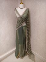Net saree with beaded, sequenced vertical stripes pattern and scallop border - Image 4