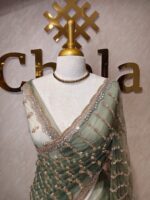 Net saree with beaded, sequenced vertical stripes pattern and scallop border
