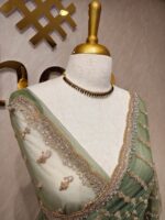 Net saree with beaded, sequenced vertical stripes pattern and scallop border - Image 3