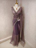 Net saree with beaded, sequenced vertical stripes pattern and scallop border - Image 10