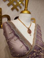 Net saree with beaded, sequenced vertical stripes pattern and scallop border - Image 9