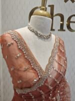 Net saree with beaded, sequenced vertical stripes pattern and scallop border - Image 12
