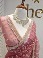 Net saree with beaded, sequenced vertical stripes pattern and scallop border - Image 15
