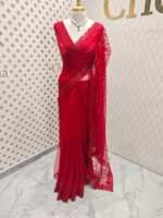 Net saree with embroidered sequence leafs and vines ,cutwork and scallop on border - Image 13