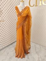 Net saree with embroidered sequence leafs and vines ,cutwork and scallop on border - Image 16