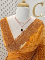 Net saree with embroidered sequence leafs and vines ,cutwork and scallop on border - Image 14