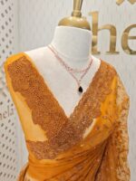 Net saree with embroidered sequence leafs and vines ,cutwork and scallop on border - Image 15