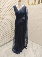 Net saree with embroidered sequence leafs and vines ,cutwork and scallop on border - Image 19