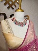 Net saree with thick boarders with floral patterns - Image 21