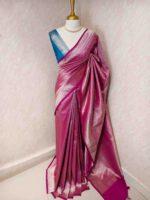 Banarasi with peacock leaf buttas zari work with contrast blouse - Image 4