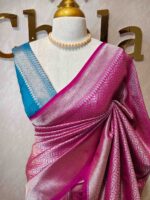 Banarasi with peacock leaf buttas zari work with contrast blouse