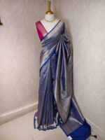 Banarasi with peacock leaf buttas zari work with contrast blouse - Image 16