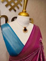 Banarasi with floral,leaf motif and zigzag border and contrast blouse - Image 3