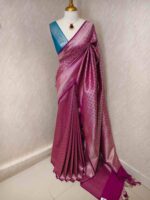 Banarasi with floral,leaf motif and zigzag border and contrast blouse - Image 4