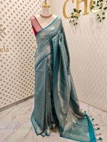 Banarasi with floral,leaf motif and zigzag border and contrast blouse - Image 9