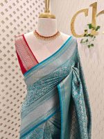 Banarasi with floral,leaf motif and zigzag border and contrast blouse - Image 8