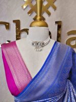 Banarasi with floral,leaf motif and zigzag border and contrast blouse - Image 5