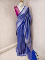 Banarasi with floral,leaf motif and zigzag border and contrast blouse - Image 7