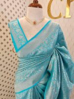 Banarasi with floral, veiny designs and zigzag pattern on border - Image 17