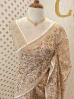 Chandheri with block print and Chikankari embroidery design on pallu