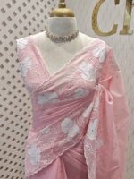 Kota silk with floral and leafy applique work and mirror work - Image 13