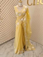 Kota silk with floral and leafy applique work and mirror work - Image 3