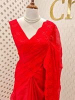 Kota silk with self thread floral embroidery design and scallop border - Image 4