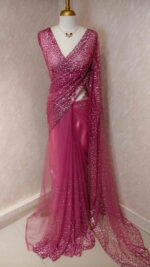 Net saree with sequence, stones small floral pattern and scallop border - Image 40