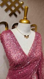 Net saree with sequence, stones small floral pattern and scallop border - Image 39
