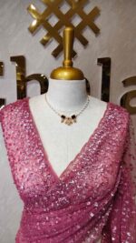Net saree with sequence, stones small floral pattern and scallop border - Image 38
