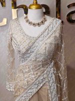 Net saree with sugar beads, tube beads diamond pattern and stitched blouse