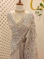 Net saree with stone, sequence floral and leafy jaal design - Image 4