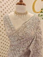 Net saree with stone, sequence floral and leafy jaal design - Image 5